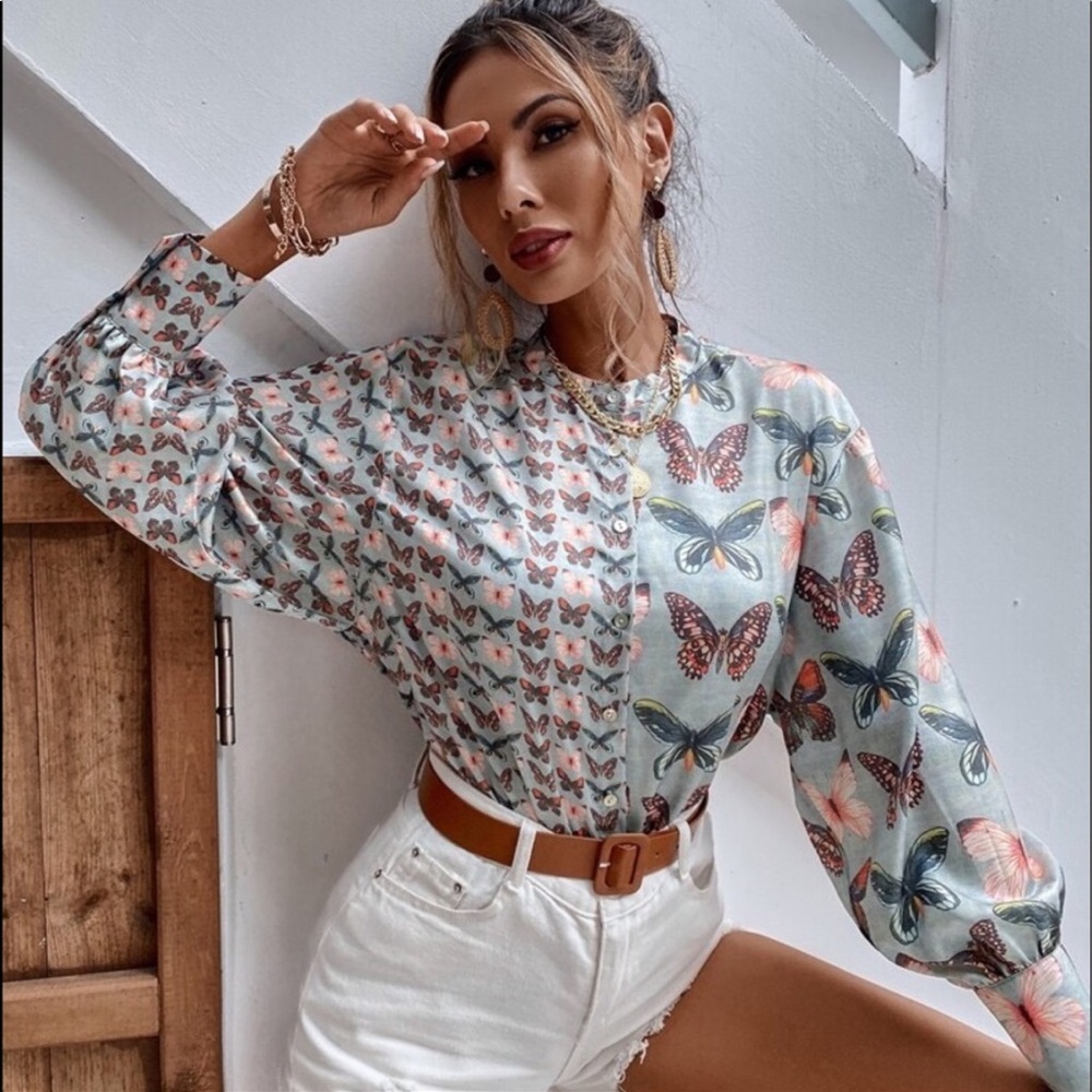 Multicoloured Asymmetrical Butterfly Print Botton Up Blouse